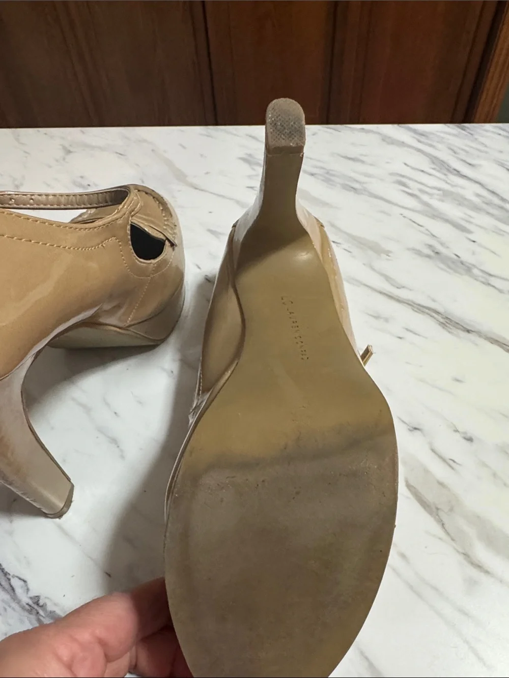 LC Lauren Conrad Patent Mary Jane Platform Heels in Tan